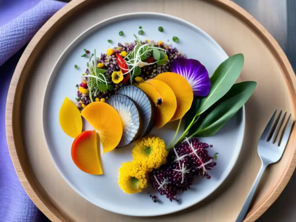 Plato de fusión peruana vibrante con ingredientes frescos y coloridos, resaltando la agricultura sostenible en cocina fusión