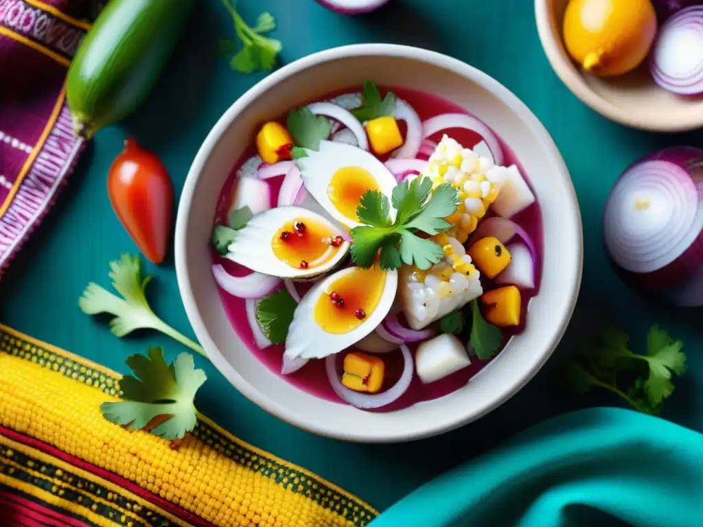 Plato peruano en acuarela: ceviche con pescado, cebolla roja, cilantro y choclo en una colorida vajilla de barro