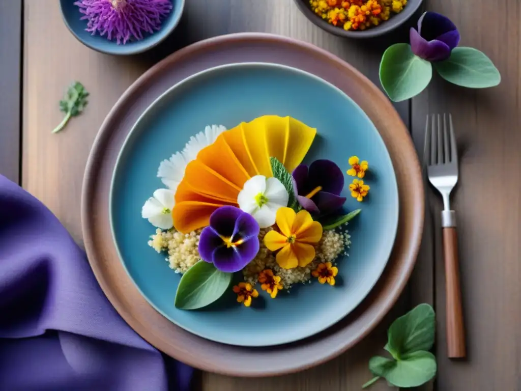 Un plato peruano con flores comestibles en una presentación vibrante y exquisita