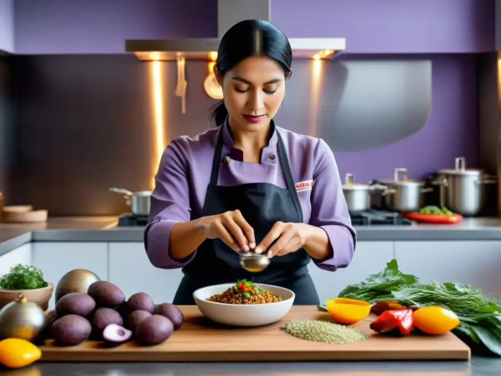 La chef Pía León prepara plato peruano con ingredientes autóctonos en cocina moderna