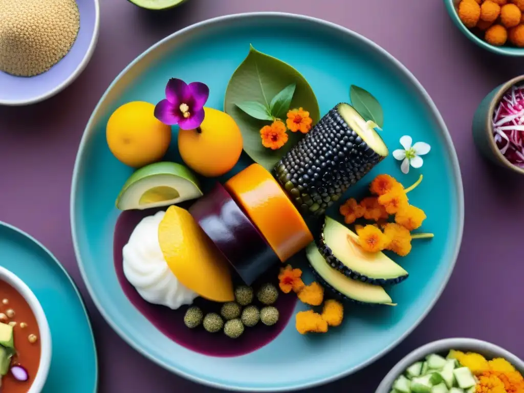 Un plato peruano lleno de colores y sabores innovadores, destacando la cultura culinaria en un mercado peruano