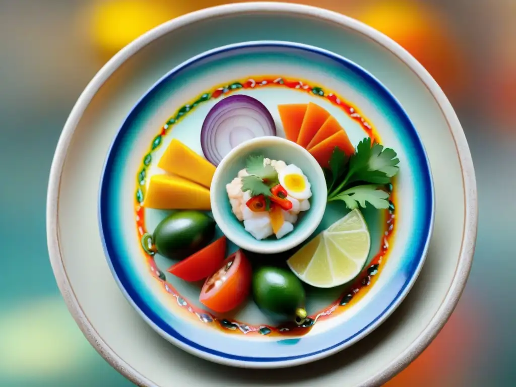 Plato peruano en miniatura: réplica detallada de ceviche con colores vibrantes y minuciosos detalles artísticos