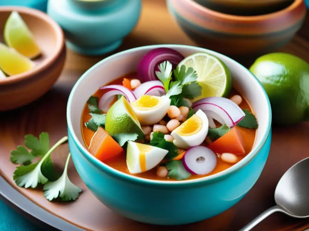 Plato peruano tradicional artístico: ceviche colorido en cuenco cerámico, limón, cebolla y cilantro, en mercado local de Perú