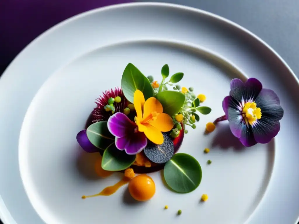 Un plato peruano tradicional artísticamente elaborado con ingredientes vibrantes y coloridos en una presentación moderna y vanguardista