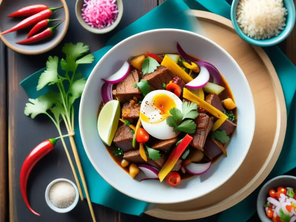 Plato peruano tradicional en mesa rústica con sal de Maras