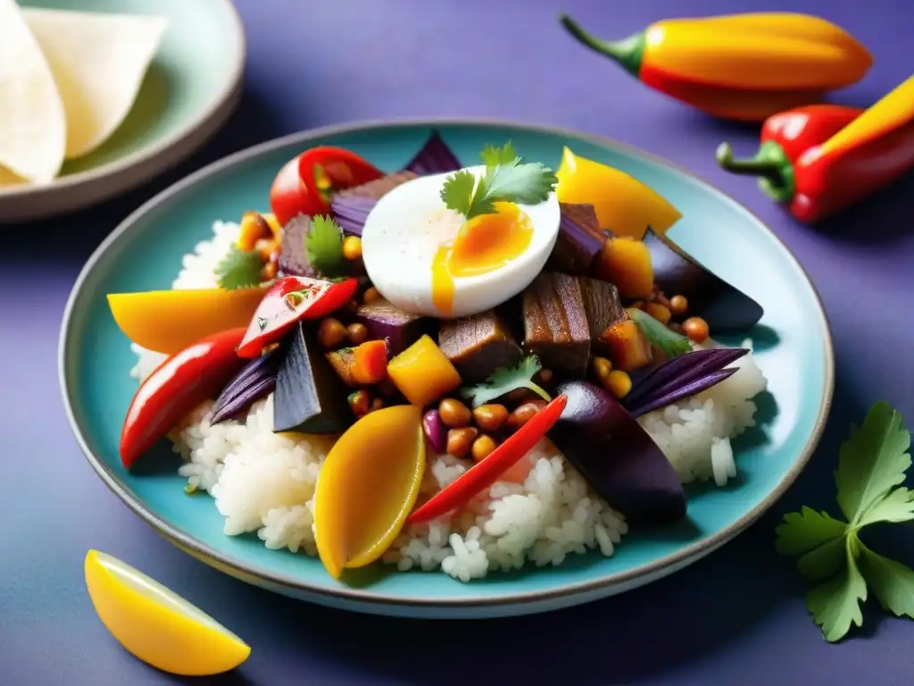 Un plato peruano tradicional, rodeado de ingredientes andinos, en un plato vibrante con patrón cultural