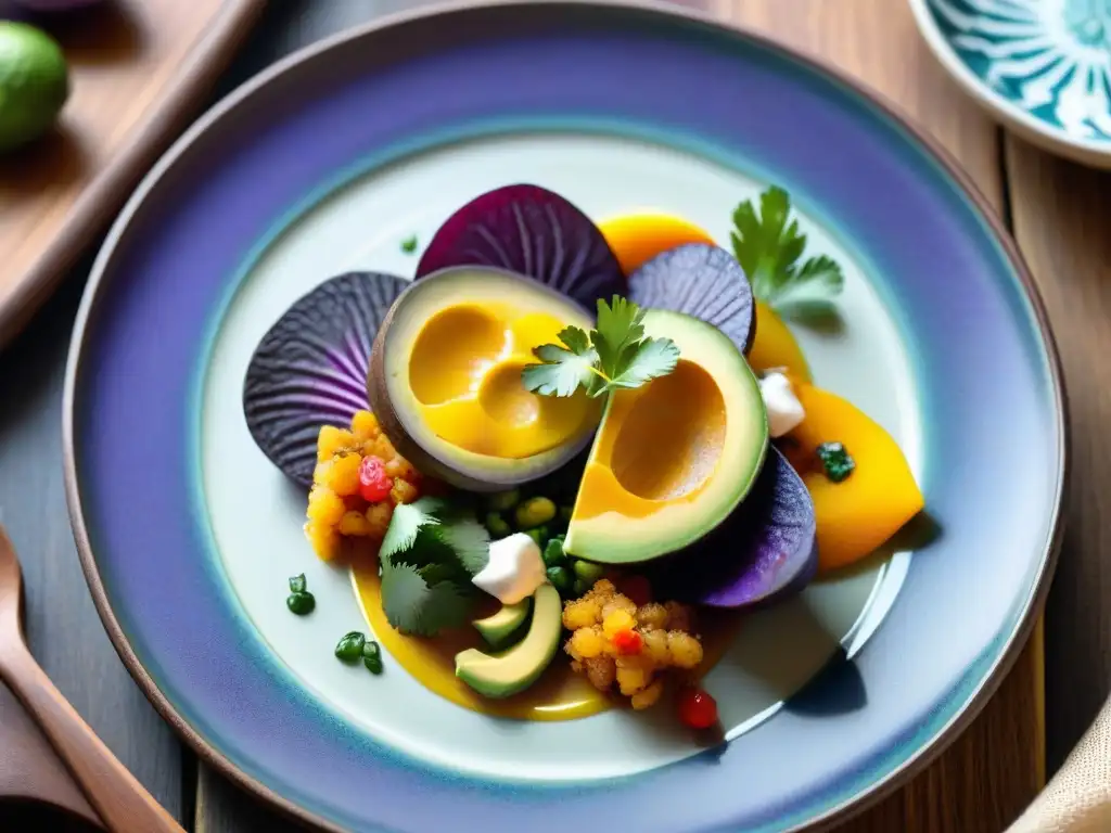 Un plato peruano vibrante y detallado con ingredientes coloridos y texturas variadas