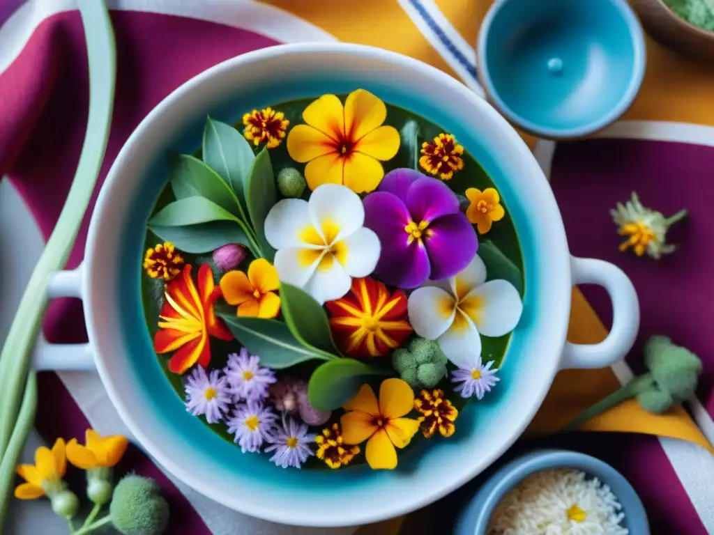 Plato peruano vibrante con flores comestibles, resaltando la belleza y cultura de la gastronomía peruana