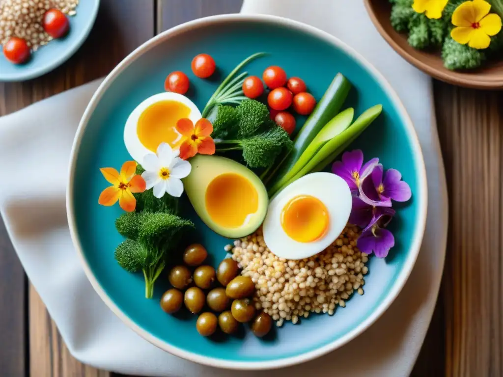 Un plato peruano vibrante con kiwicha y vegetales frescos, sobre una cerámica tradicional