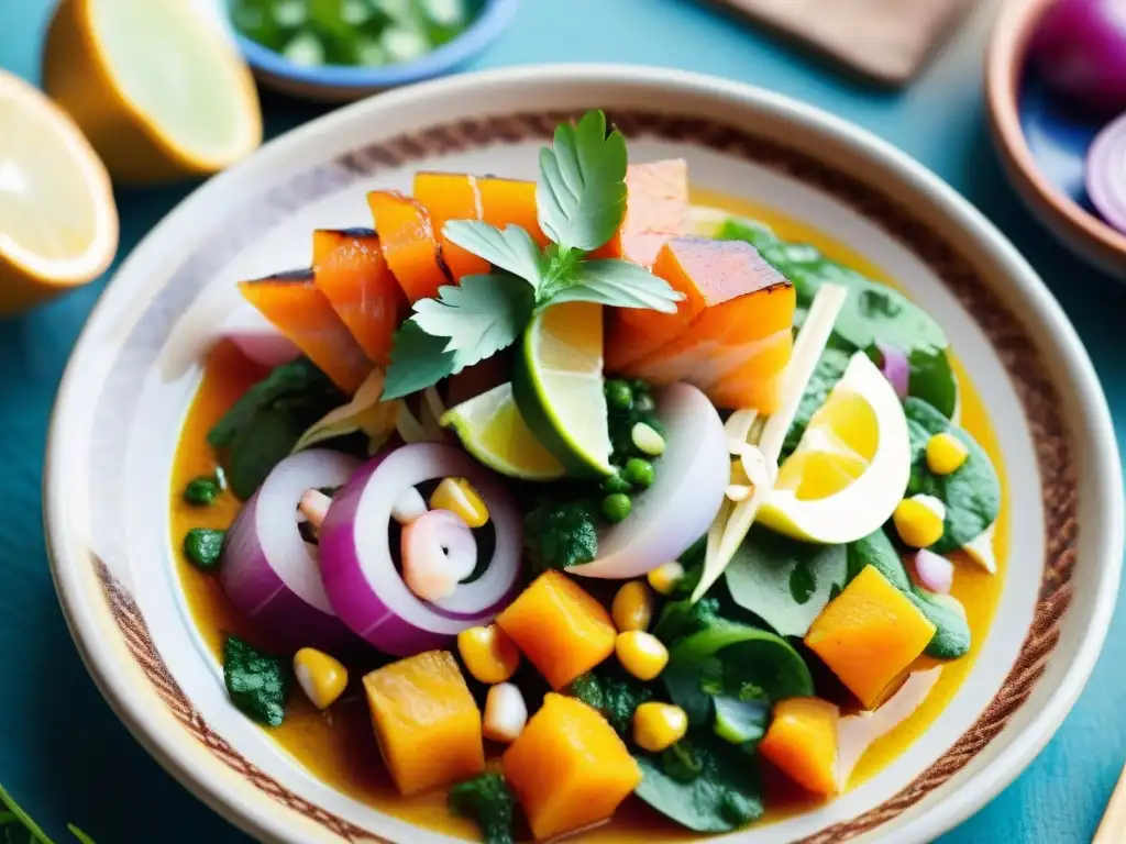 Plato tradicional de ceviche peruano, con colores vibrantes y detalles artesanales, en mercado costero