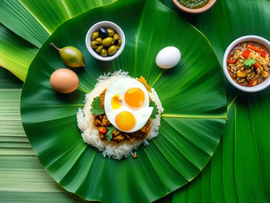 Plato tradicional peruano 'Juane' en hoja de plátano con ají, resalta colores y texturas en la selva