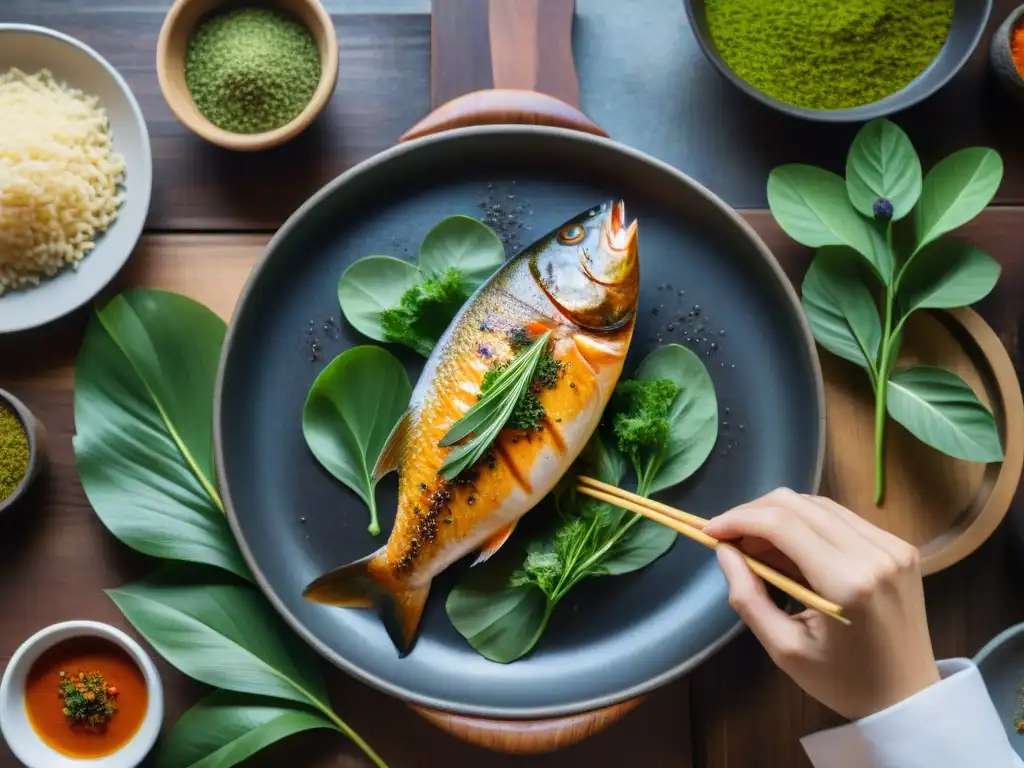 Un plato tradicional Ayampaco: un pescado rodeado de hojas verdes y especias coloridas, con una salsa salada