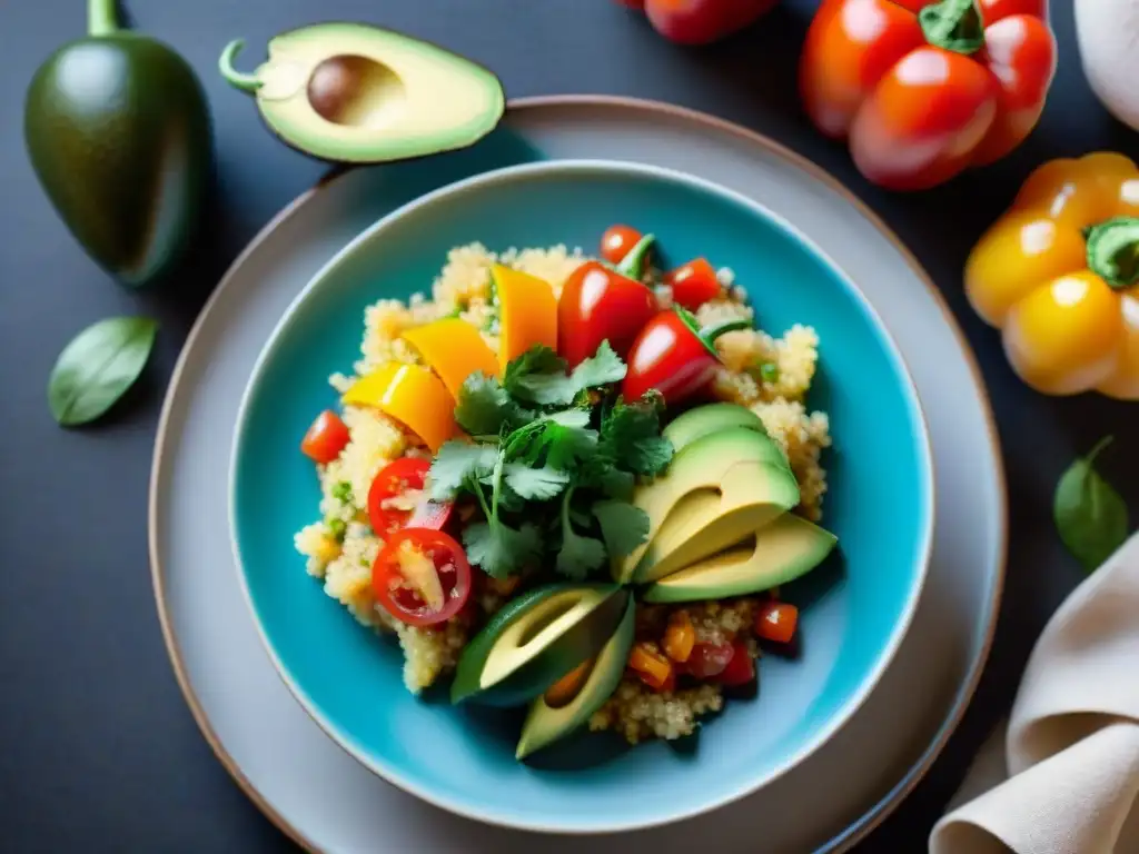 Un plato vegetariano peruano delicioso con quinua Chaufa y verduras frescas, presentado en una hermosa cerámica peruana