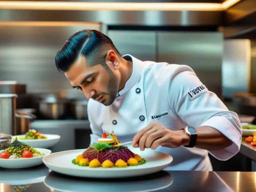 Virgilio Martínez creando un plato vibrante en Central restaurante Perú, reflejando su vanguardia culinaria