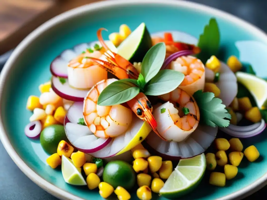 Un plato vibrante de ceviche peruano con mariscos frescos, en una cocina fusión