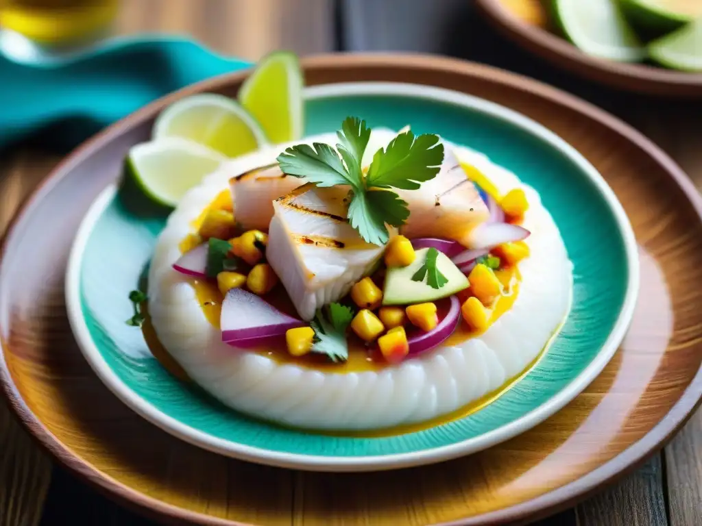 Presentación platos de ceviche peruano en plato de cerámica vibrante sobre mesa de madera rústica