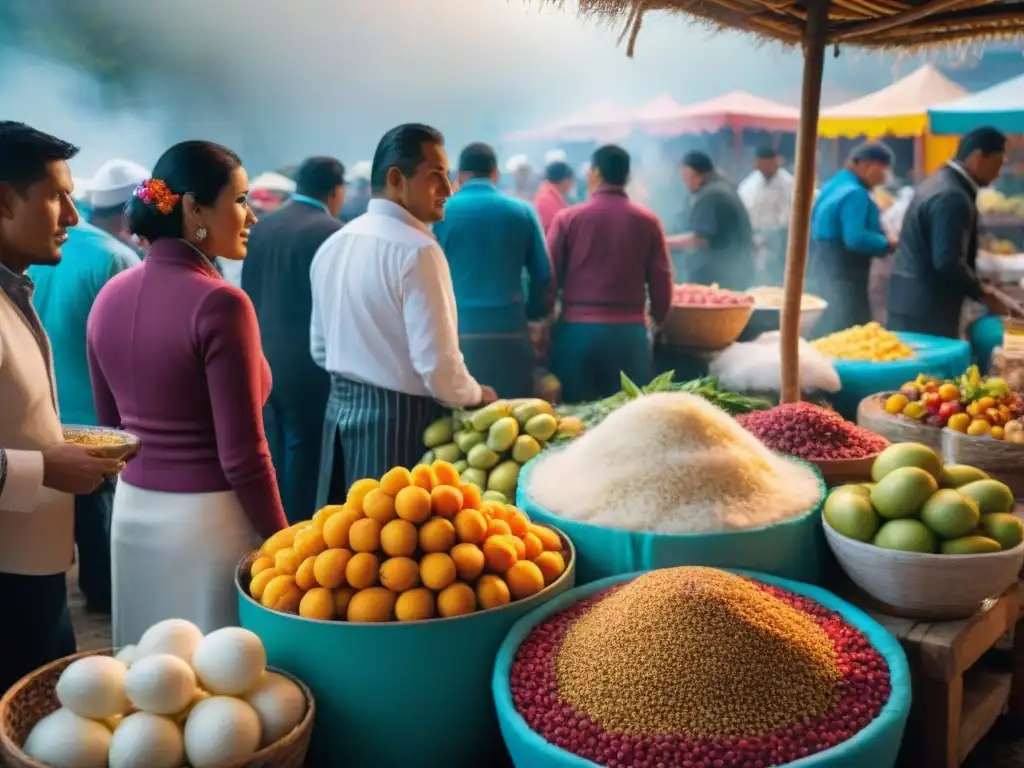 Platos imperdibles de la gastronomía peruana en un animado mercado de comida, con frutas coloridas y chefs locales