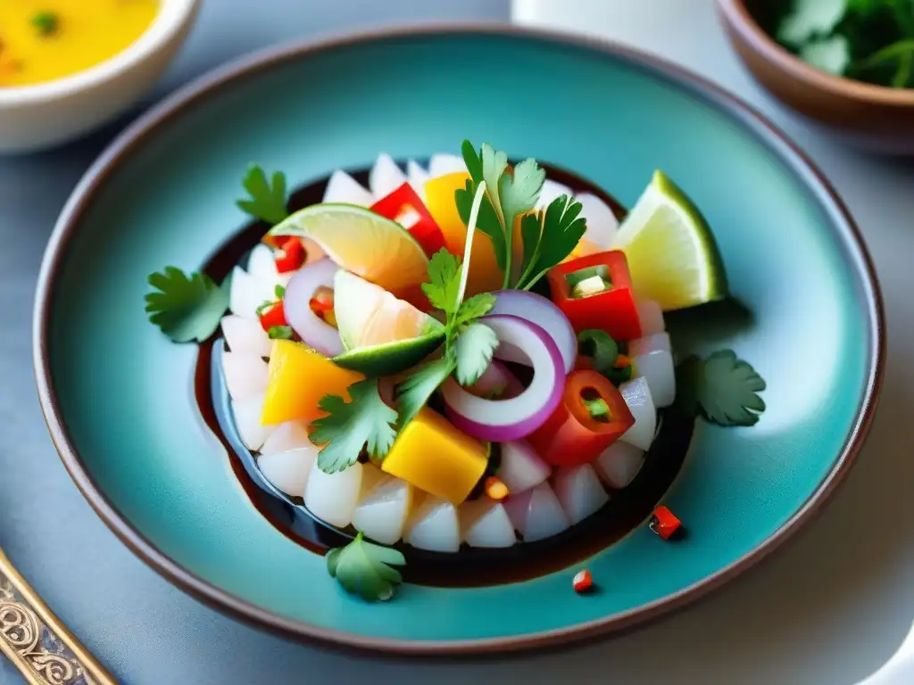 Platos en miniatura gastronomía peruana: Detalle de ceviche miniatura con pescado fresco, limón y cilantro en plato cerámico