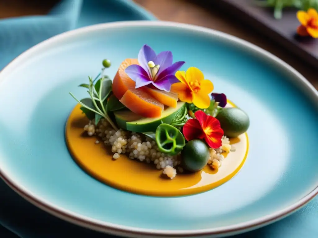 Fotografía de platos fusión peruana: Detalle de un ceviche peruano con aguacate y quinua en plato de cerámica moderno