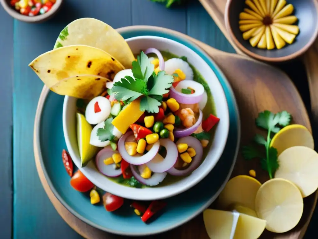 Presentación platos gastronomía peruana: Ceviche peruano vibrante con mariscos frescos, cebolla, ají y cilantro, decorado con maíz y chips de plátano