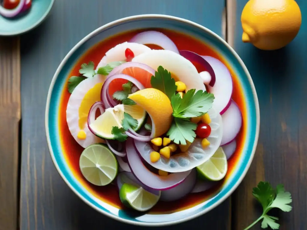 Fotografía de platos peruanos autóctonos: Detalles vibrantes de un ceviche con pescado fresco, cítricos y especias, sobre una mesa de madera rústica