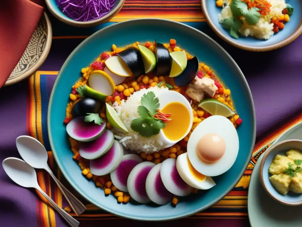 Platos peruanos colores texturas gastronomía: un festín vibrante de sabores y colores en un mantel tradicional peruano