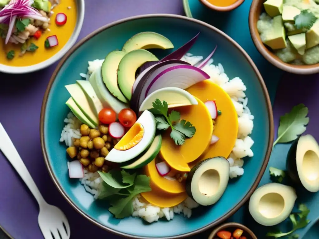 Fotografía de platos peruanos coloridos: Una composición vibrante y detallada de ceviche, causa morada y vegetales encurtidos sobre un fondo rústico