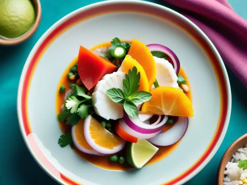 Una fotografía de platos peruanos coloridos, capturando la frescura y vibrante presentación de un ceviche tradicional