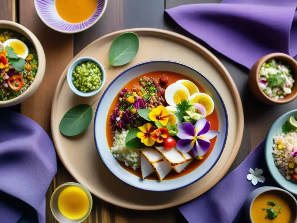 Fotografía de platos peruanos coloridos en mesa rústica con ceviche, causa y chicha morada