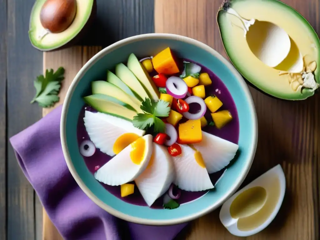 Fotografía de platos peruanos coloridos: Ceviche de pescado blanco, cebolla roja, cilantro, ajíes y más, en fuente de cerámica sobre mesa rústica