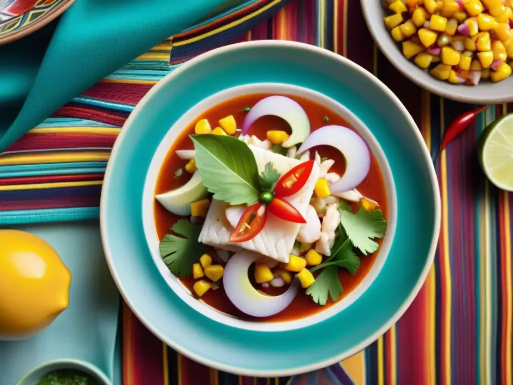 Fotografía de platos peruanos coloridos: Ceviche vibrante con pescado blanco, limón, chiles rojos, cilantro y maíz en plato de cerámica