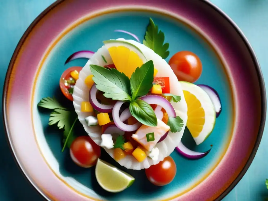 Una fotografía de platos peruanos coloridos: ceviche vibrante con pescado fresco, cebolla roja, tomate y cilantro en marinada cítrica