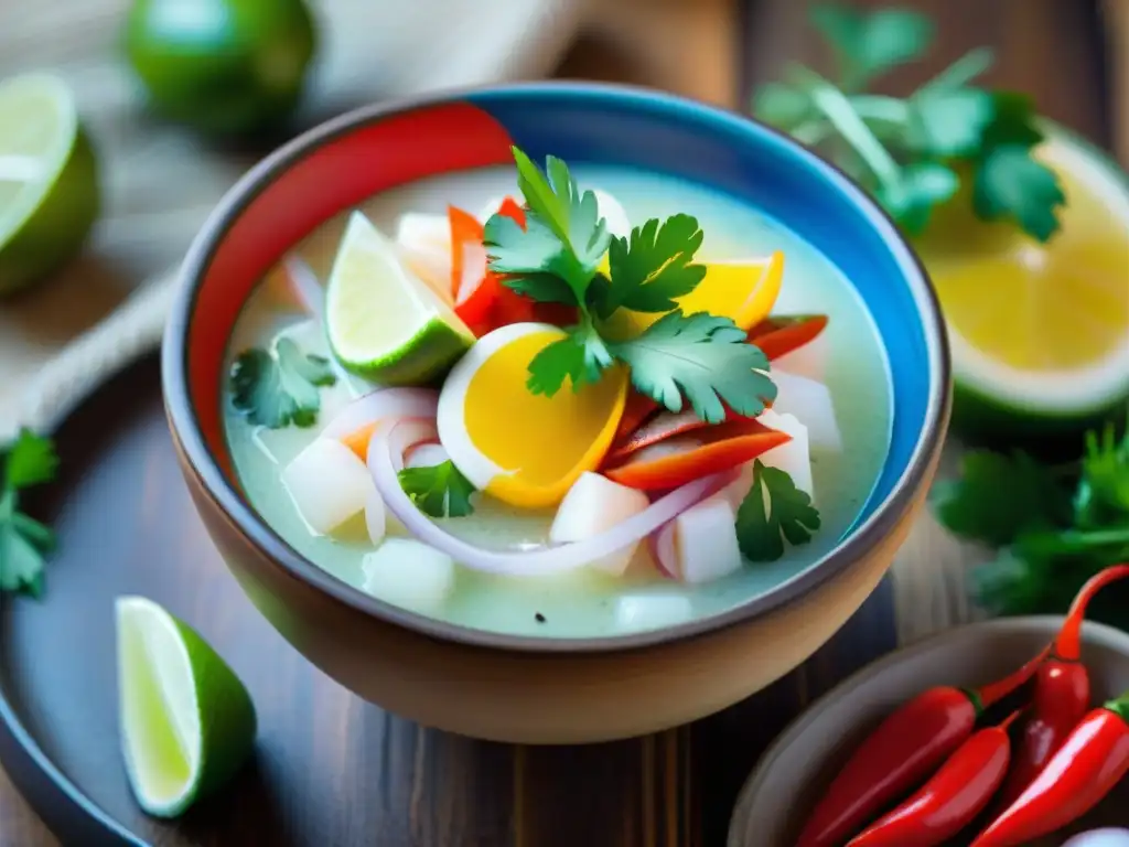 Presentación platos peruanos, estilismo gastronómico: Ceviche peruano en bol de cerámica, limón, cilantro y ají rojo en mesa rústica colorida