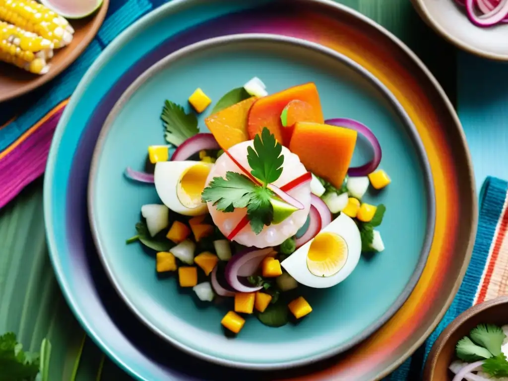 Platos peruanos autóctonos fotográficos: Ceviche peruano servido con ingredientes frescos y coloridos sobre una vajilla rústica