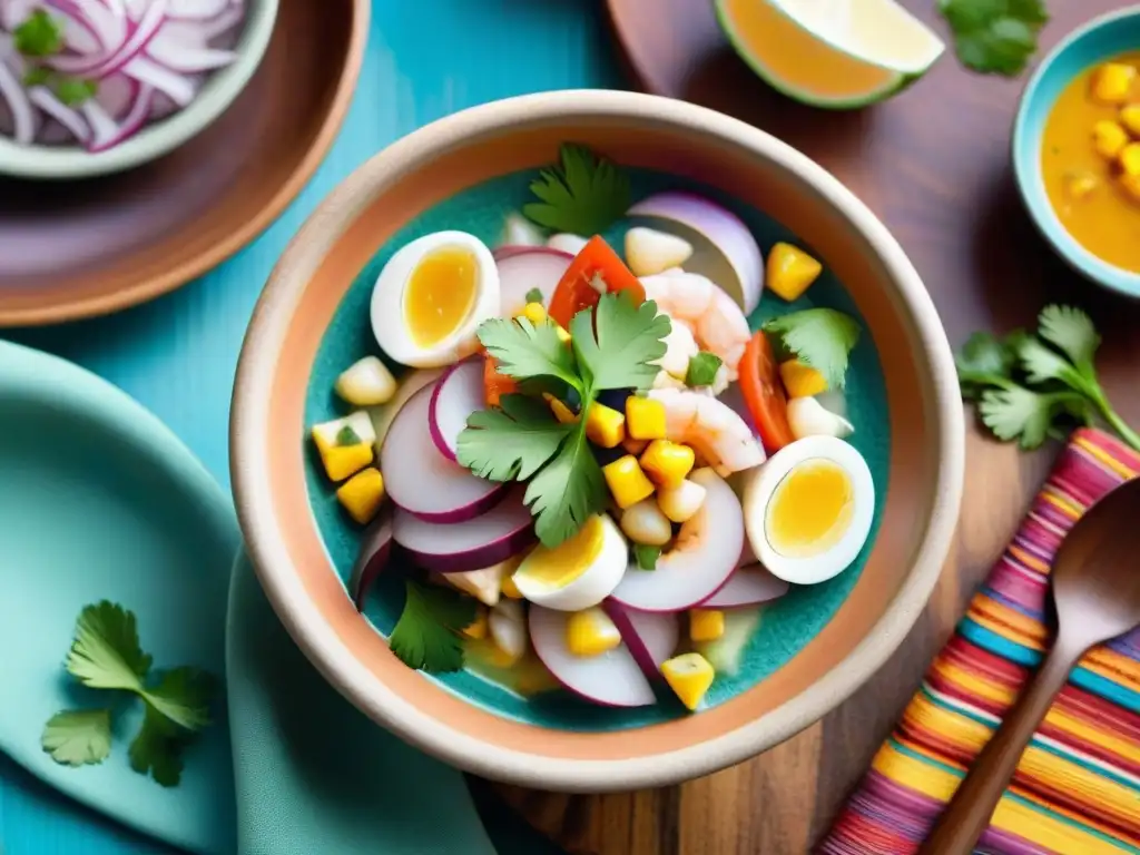 Una fotografía de platos peruanos autóctonos: ceviche fresco en un bol de cerámica vibrante sobre mesa rústica con mantel colorido