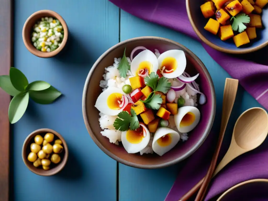 Fotografía de platos peruanos autóctonos: Ceviche fresco con pescado blanco, cebolla, ajíes, cilantro, camote y maíz en mesa rústica