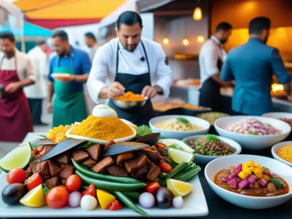 Platos peruanos fusion gastronómica internacional en bullicioso mercado europeo con chefs y comensales diversos