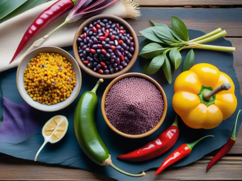 Platos peruanos mestizos tradicionales contemporáneos: Ingredientes coloridos y texturas vibrantes sobre una mesa rústica de madera