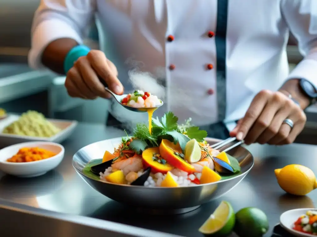 Platos peruanos fusionan tradición y modernidad: Chef preparando ceviche en cocina moderna, destacando sabores peruanos en presentación contemporánea