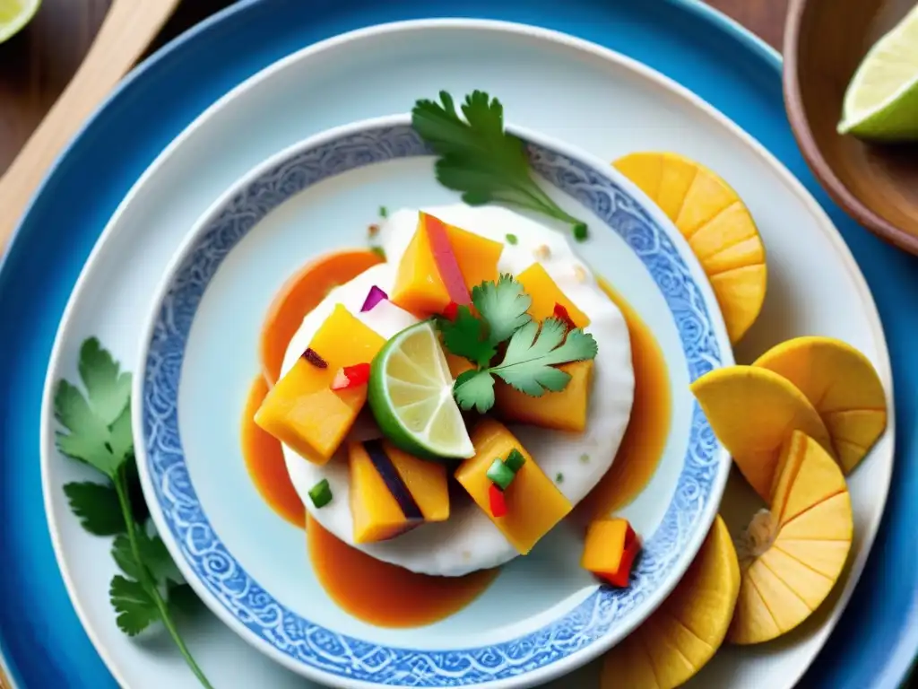 Una fotografía de platos peruanos autóctonos: ceviche de pescado blanco con leche de tigre, servido en un plato de cerámica azul y blanco