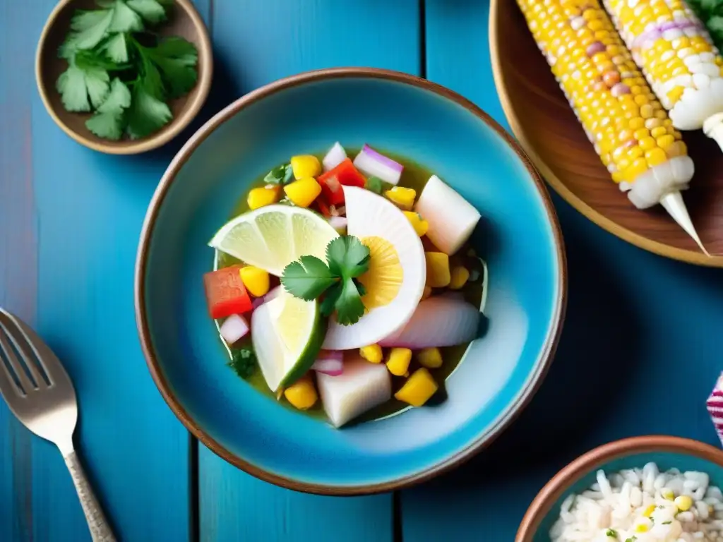 Fotografía de platos peruanos autóctonos: Ceviche tradicional con pescado fresco, cebolla roja, maíz y cilantro en un tazón azul vibrante sobre mesa de madera rústica