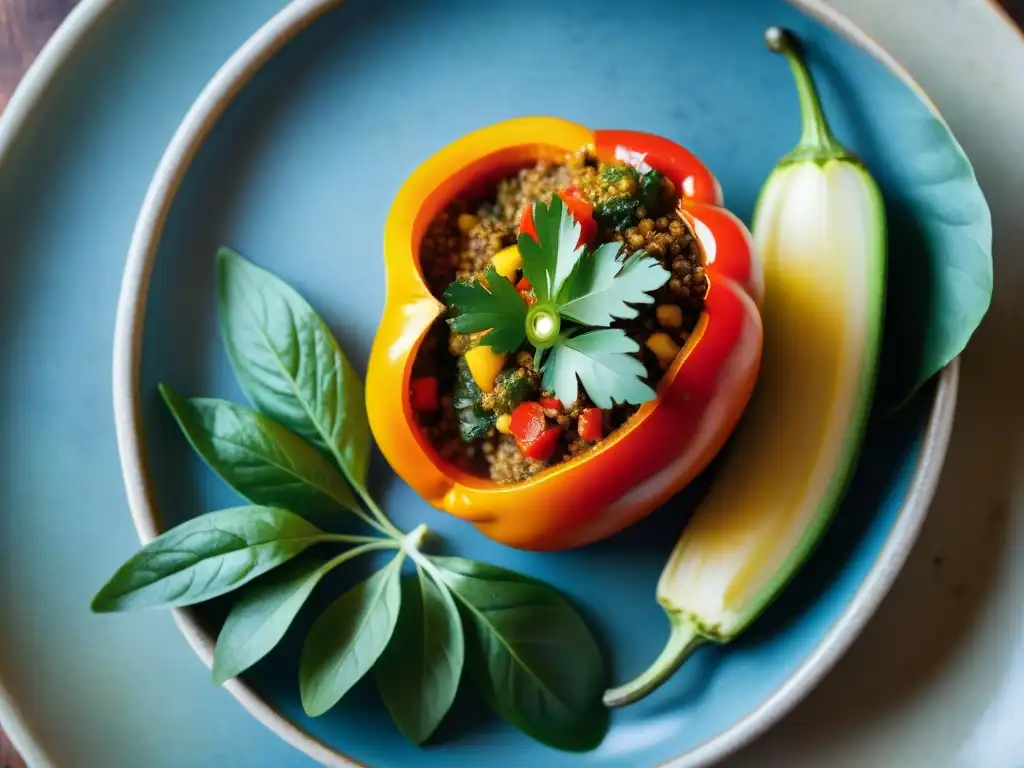 Fotografiar platos picantes peruanos: Rocoto relleno humeante con cilantro y polvo de rocoto en un fondo rústico