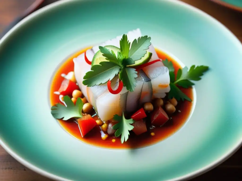 Fotografiar platos picantes peruanos: ceviche rojo vibrante con pescado, cebolla y ajíes, decorado con limón y cilantro fresco