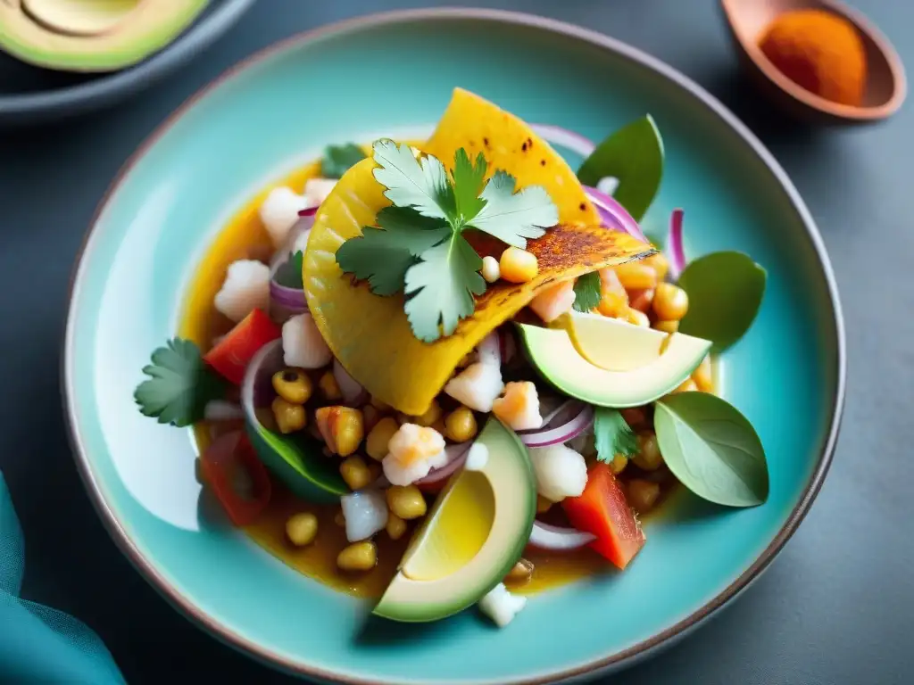 Fotografiando platos picantes peruanos: ceviche vibrante con mariscos frescos, ají picante y limón, decorado con aguacate y maíz tostado