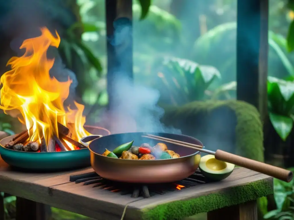 Platos tradicionales de la gastronomía peruana selva: Cocina amazónica vibrante con chefs indígenas preparando exóticos platillos entre naturaleza exuberante