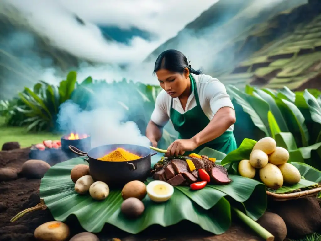 Preparación de Pachamanca platos tradicionales peruanos en la tierra, con carnes, papas y verduras en hojas de plátano y piedras calientes