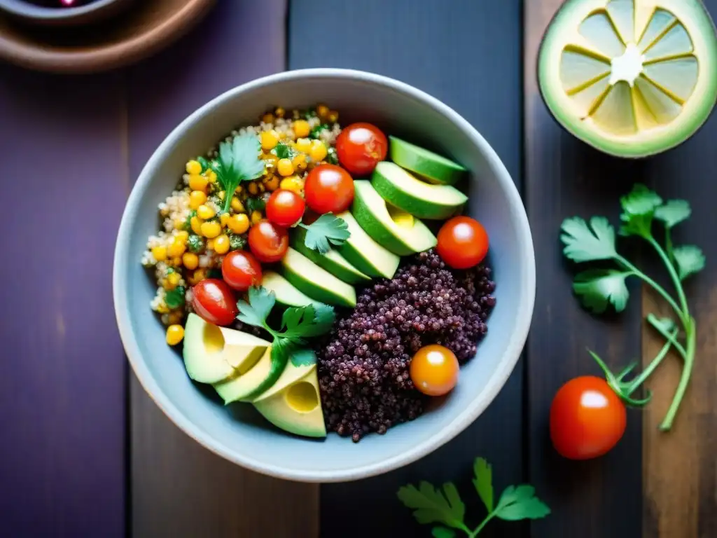 Fotografiar platos vegetarianos peruanos: Colorida ensalada de quinua en cuenco de cerámica, con aguacate, tomate, maíz morado y cilantro fresco, sobre mesa rústica