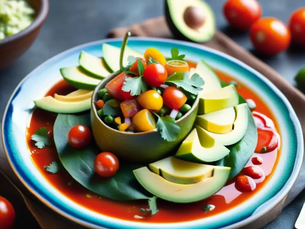 Fotografiar platos vegetarianos peruanos: Detalle vibrante de ceviche con aguacate, tomate, limón y ají en plato de cerámica