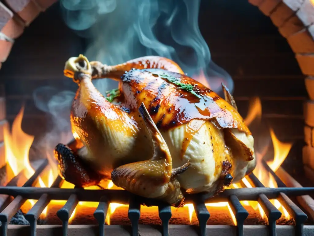 Pollo a la brasa peruano dorado y jugoso girando lentamente sobre las llamas en horno de ladrillo