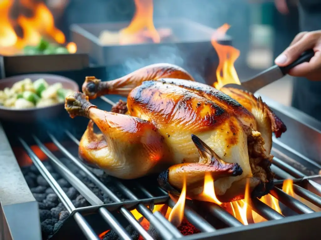 Un pollo a la brasa peruano dorado y jugoso girando en una parrilla tradicional, con un mercado peruano de fondo